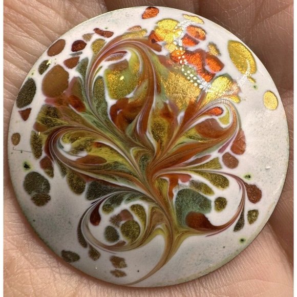 Mid Century Modern Abstract Enamel On Copper Brooch Pin Round White Gold Green‎ - Picture 1 of 2
